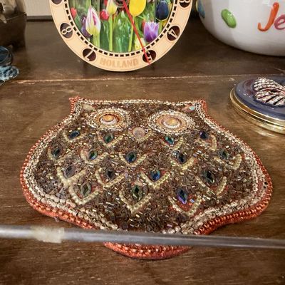 Beaded owl pouch and rhinestone butterfly compact