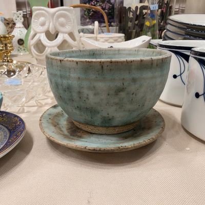 Studio pottery bowl and saucer, stoneware mugs