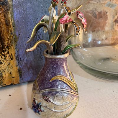 Jeweled enamel vase with iris bouquet