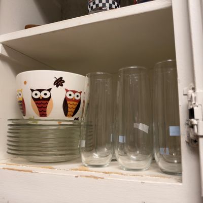 Owl bowl, glass plates and tumblers