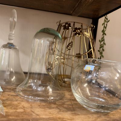 Glass bell, glass cloche, bubble bowl, gold wire lantern