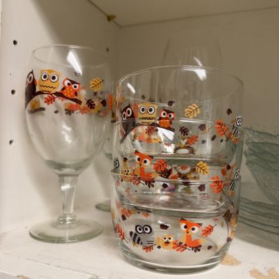 Hand painted autumn owl glassware