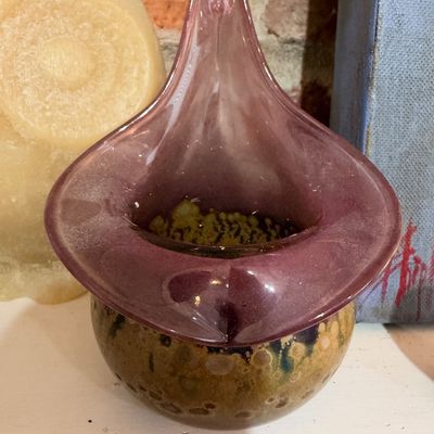 Purple art glass vase, amber base