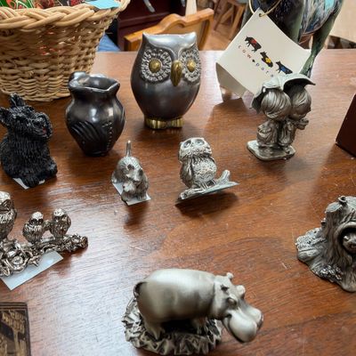 Pewter animal figurines, owls and hippo