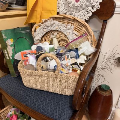 Woven baskets with toiletries and sundries