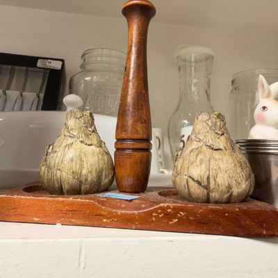 Pear salt and pepper shakers, wood caddy with pepper mill