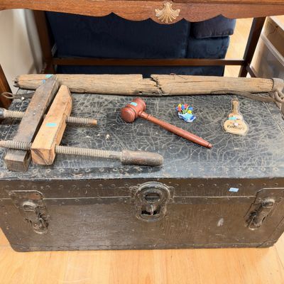 Vintage metal footlocker trunk, wood clamp, tools