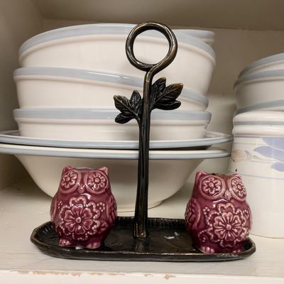 Owl salt and pepper shakers with caddy, stoneware bowls