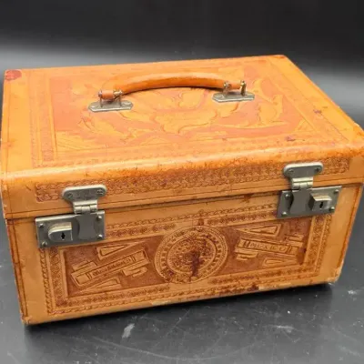 Vintage Mexican Tooled Leather Jewelry / Train Case with Mirror & Aztec Motifs