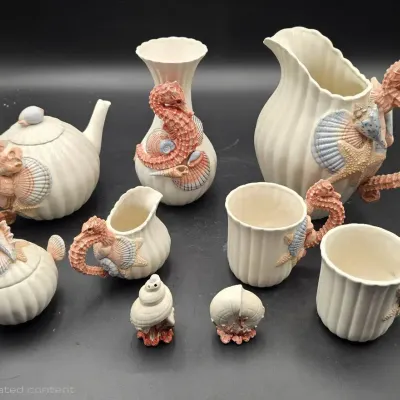 Vintage 1991 Fitz & Floyd Seahorse Giftware 9-Piece Ceramic Serving Set