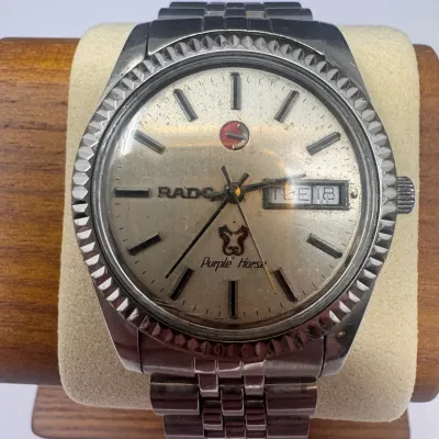 Vintage Rado Purple Horse Automatic Day-Date Stainless Steel Wristwatch