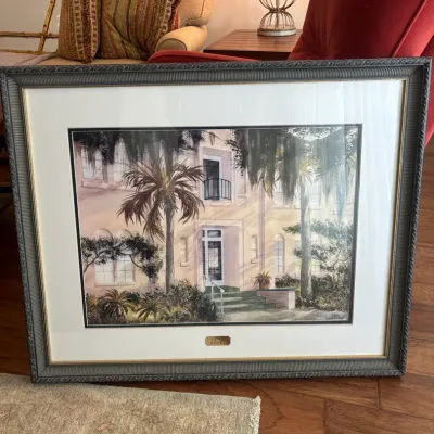 Framed Southern Hotel and Palm Tree Art Print