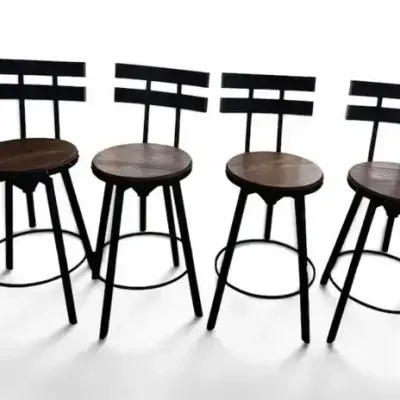 Set of 4 Industrial Wood & Metal Bar Stools