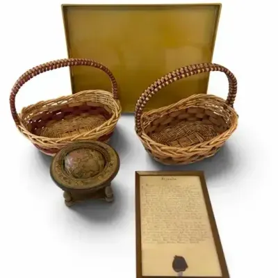Vintage Wicker Baskets, Globe & Framed Decor