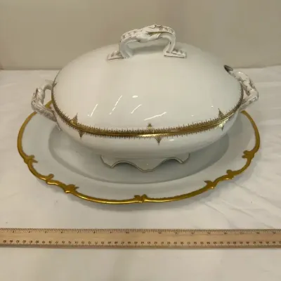 Limoges Porcelain Covered Tureen with Gold Trim Underplate