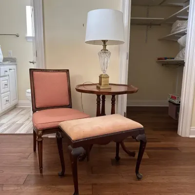 Peach Side Chair, Ottoman, Scalloped Table & Crystal Lamp