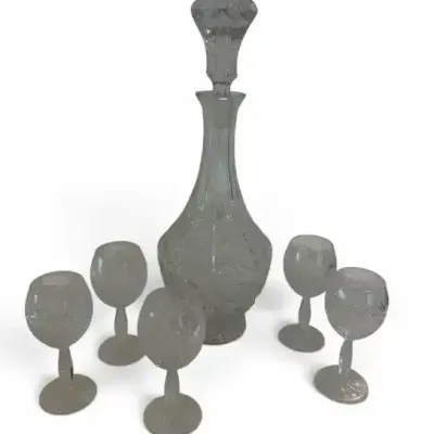 Cut Crystal Decanter with Five Stemmed Glasses