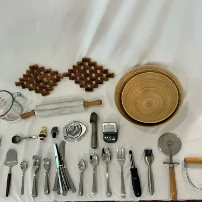 Assorted Kitchen Utensils, Flatware and Bamboo Bowls