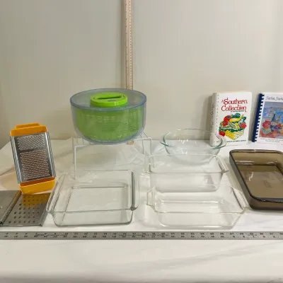 Assorted Bakeware, Graters, Spinner & Cookbooks