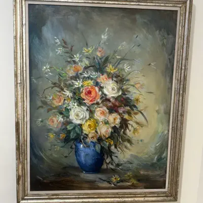Framed Floral Still Life Painting in Silver-Tone Frame 