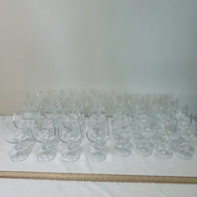 Large Set of Faceted Ball Stem Glass Goblets