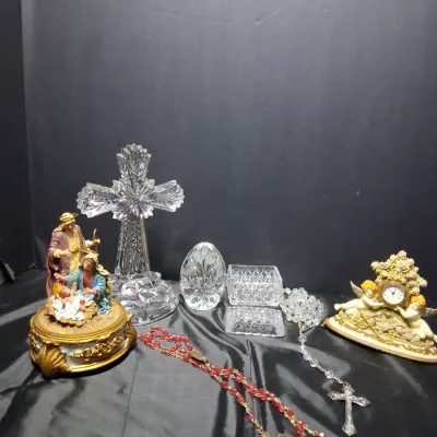Crystal Cross, Nativity, Rosaries & Angel Clock Decor Lot