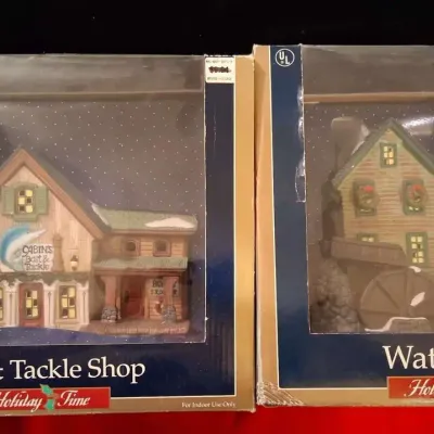 Holiday Time Lighted Village Buildings – Bait & Tackle Shop & Water Mill