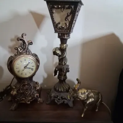 Ornate Vintage-Style Clock, Figural Lamp & Brass Elephant