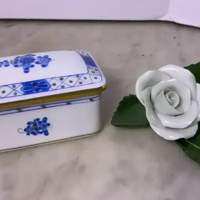 Herend Trinket Blue Floral Box And Porcelain Flower 