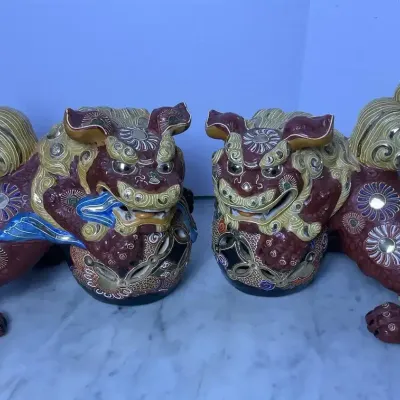 Vintage Japanese Kutani Ware Foo Dog Guardian Lions Yamazaki Japan 