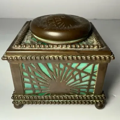 Tiffany Studios Bronze & Green Favrile Slag Glass Desk Inkwell 