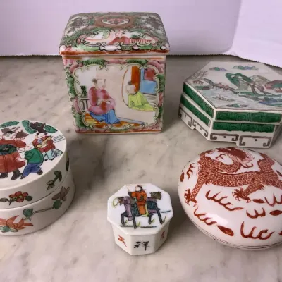Porcelain And Ceramic Hand Painted Asian Trinket Boxes 
