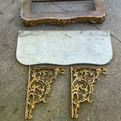 Ornate Gilt Wood & Marble Wall Shelf with Gilt Cast Iron Brackets