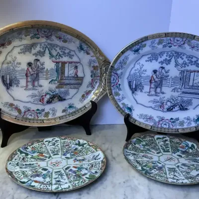Asian Chinoiserie Plates And Platters Hand Painted 