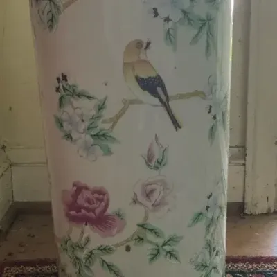 Porcelain Bird & Flower Asian Umbrella Stand 18"h