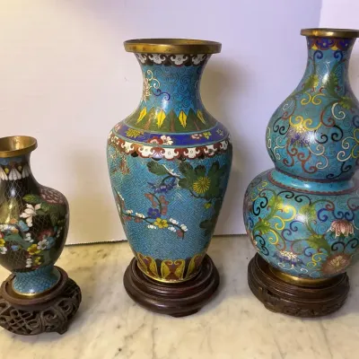Cloisonné Set Of Three Vases With Wood Bases 