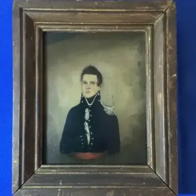 19th Century Oil on Board Portrait of a Young Military Officer 9.25"h x 7.75"w