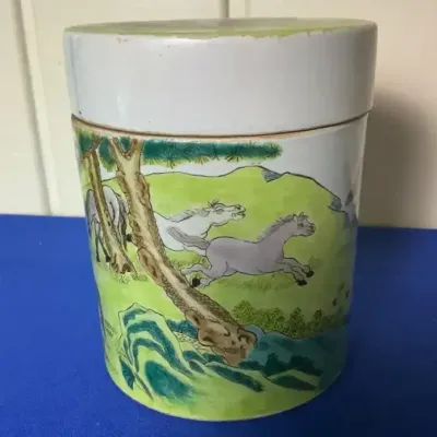 Lidded Hand Painted Horse Jar 