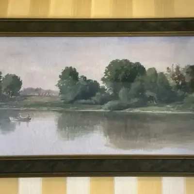 Antique River Scene Watercolor Painting 12.25"h x 24.25"w
