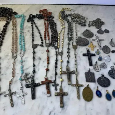 Assorted Rosary And Religious Metals And Medallions 