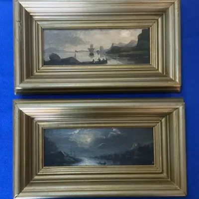 Antique Oil on Board Paintings in Wood Frames 6.5"h x 11.25"w