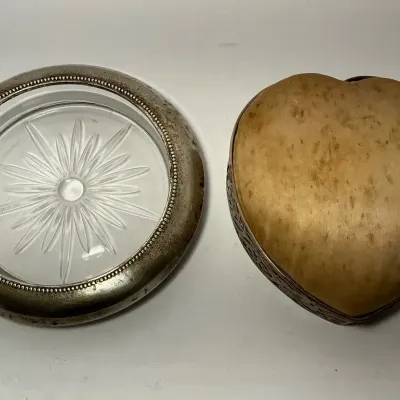 Sterling Silver Glass Bottle Coaster & Filigree Heart Jewelry Box 