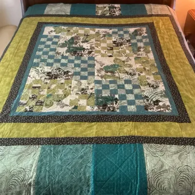 Blue Green Botanical Modern Handmade Quilt 58.25" x 79"