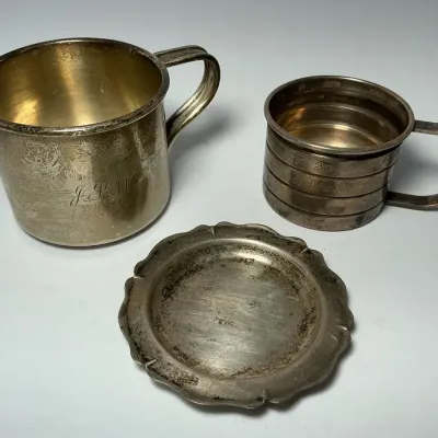 Sterling Silver Measuring Cup, Saucer, Monogrammed Cup (108 Grams)