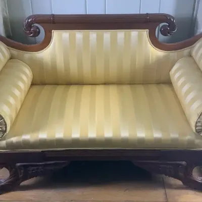 American Empire Style Mahogany Scroll Arm Yellow Stripe Upholstered Sofa