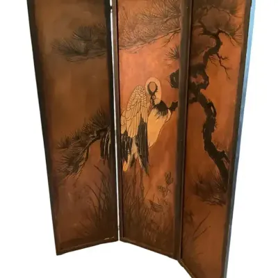 Vintage Three Panel Room Divider Featuring A Crane 