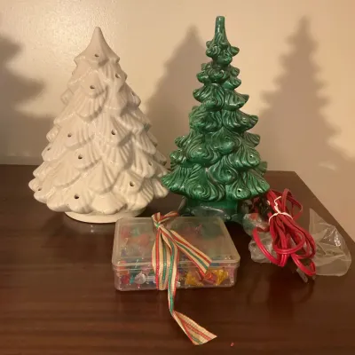 Two Ceramic Holiday Trees With Extra Bulbs