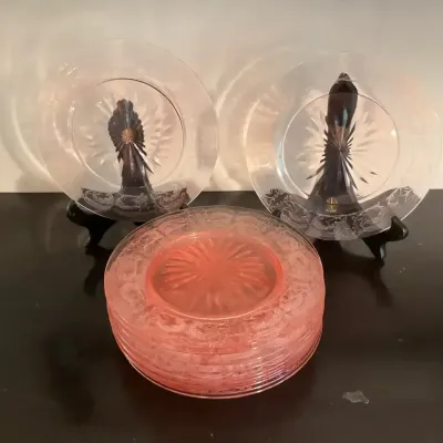 Set Of Pink Starburst Needle Etched Art Nouveau Luncheon Plates