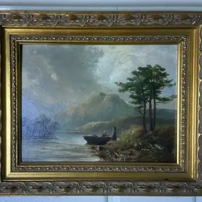 Antique River Scene Oil Painting in Ornate Frame 9.5"h x 11.75"w