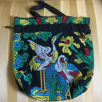 Vintage Crane Beaded Tote Bag